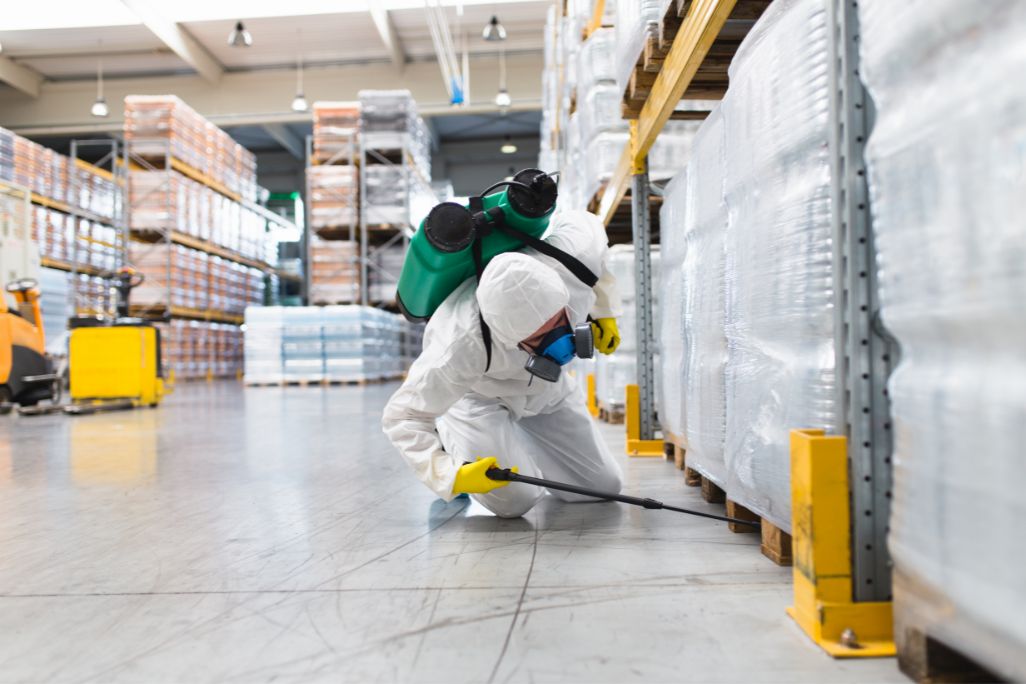 Pest control professional spraying chemical to exterminate rats in warehouse