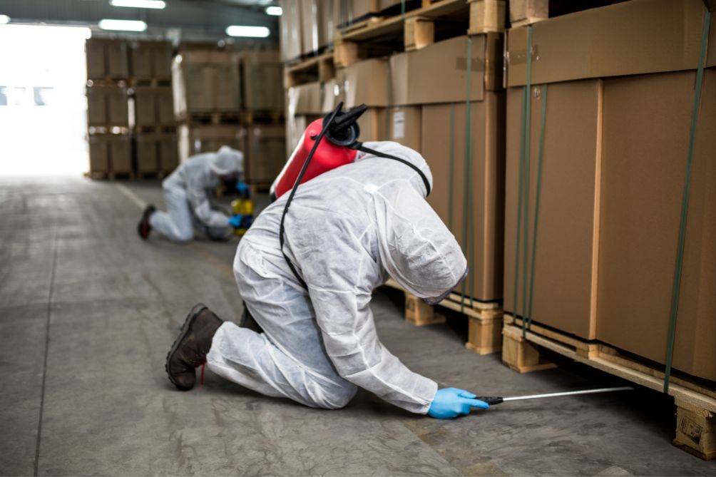 Two pest control professionals spraying chemicals to exterminate pest underneath wooden pallets inside an industrial warehouse in Penang